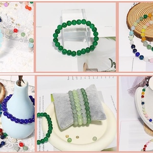May include: A collection of beaded bracelets and necklaces in various colors, including blue, green, and rainbow hues. The jewelry features round beads and is displayed on a white surface and a wooden slice.
