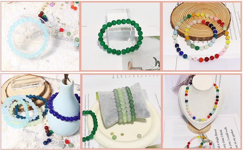 May include: A collection of beaded bracelets and necklaces in various colors, including blue, green, and rainbow hues. The jewelry features round beads and is displayed on a white surface and a wooden slice.