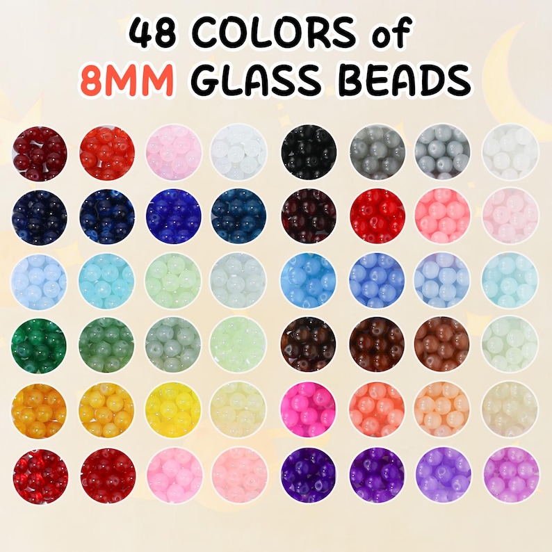 May include: A grid of 48 colorful 8mm glass beads. The beads are arranged in rows and columns, each in a different color, including red, blue, green, yellow, pink, and purple. Text at the top reads "48 COLORS of 8MM GLASS BEADS."