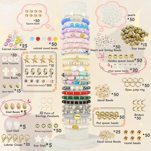 May include: A display of jewelry-making supplies, including bracelets, beads, pendants, and clasps. The bracelets feature various colors and designs. There are also loose beads, including square, round, heart, and star shapes, in gold, silver, and wood.