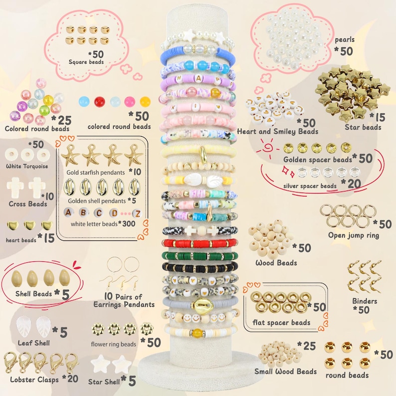 May include: A display of jewelry-making supplies, including bracelets, beads, pendants, and clasps. The bracelets feature various colors and designs. There are also loose beads, including square, round, heart, and star shapes, in gold, silver, and wood.