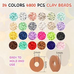 May include: Image of 24 colors of clay beads, 4800 pieces total. The beads are arranged in circular groups, showcasing a variety of colors. The image also shows the dimensions of the beads: 2mm wide, 1mm thick, and 6mm in diameter. Text reads: "EASY TO HOLD AND USE."
