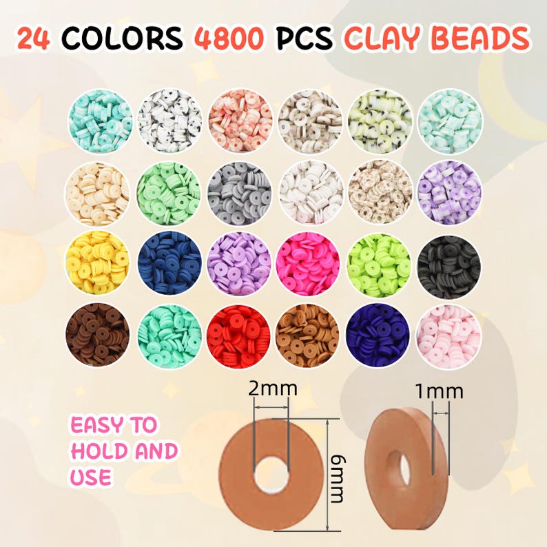May include: Image of 24 colors of clay beads, 4800 pieces total. The beads are arranged in circular groups, showcasing a variety of colors. The image also shows the dimensions of the beads: 2mm wide, 1mm thick, and 6mm in diameter. Text reads: "EASY TO HOLD AND USE."