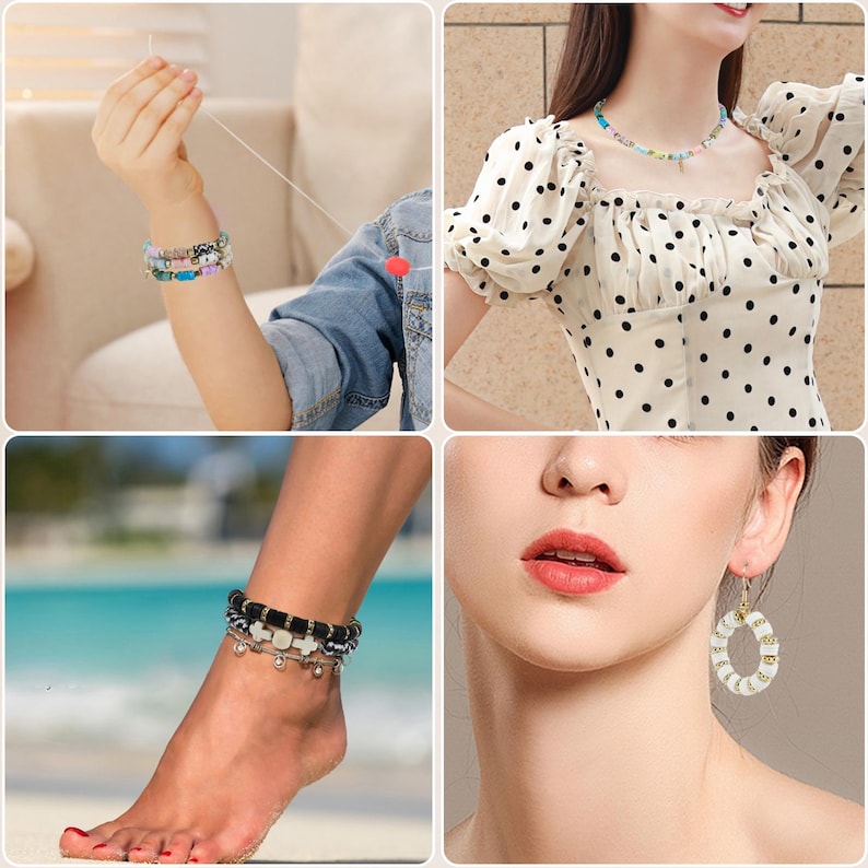 May include: A collection of colorful beaded jewelry, including bracelets and a necklace. One bracelet features a cartoon character design. An anklet with black and white beads and dangling charms is also shown, along with a pair of white and gold earrings.