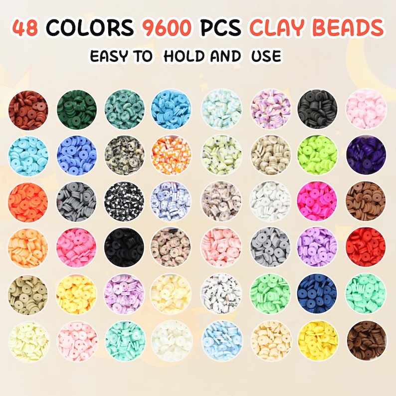 May include: An assortment of 48 colors of clay beads, totaling 9600 pieces, arranged in circular displays. The beads are flat and disc-shaped, with a variety of colors including red, green, blue, and pink. Text at the top reads "48 COLORS 9600 PCS CLAY BEADS".