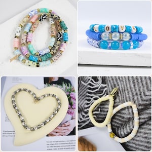 May include: A collection of handmade bracelets and necklaces. One bracelet is made of colorful, patterned beads with gold accents. Another features blue beads spelling "LOVE". A heart-shaped necklace and two yellow bracelets with shell accents are also shown.