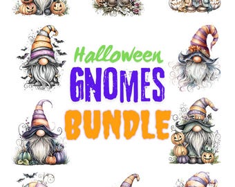 May include: A digital collection of eleven illustrations featuring gnomes wearing striped hats, some with pumpkins, bats, and floral accents. The central text reads Halloween GNOMES BUNDLE in green, purple, and orange lettering on a white background.