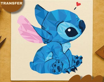May include: A blue geometric design of a cartoon character with a pink ear and a red heart above its head. The image is on a beige background with the text "DTF TRANSFER" and "READY TO PRESS".