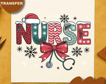 Nurse Christmas DTF Transfer, Coquette Ready To Press, Xmas Bow Design