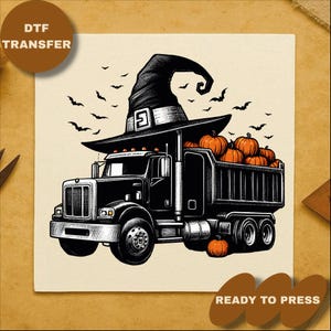 Halloween Truck DTF Transfer: Pumpkins & Witch Hat, Ready to Press