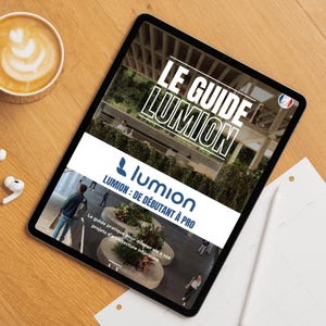 Peut inclure: Une tablette numérique affichant un guide intitulé "LE GUIDE LUMION" avec le logo Lumion. Le sous-titre du guide est "LUMION: DE DÉBUTANT À PRO". La tablette est posée sur une surface en bois, avec une tasse de café et des écouteurs à proximité.