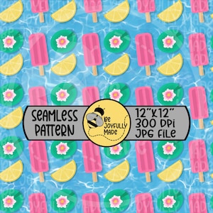 Puede incluir: Patrón sin costuras con polos rosas, rodajas de limón amarillas y nenúfares verdes con flores rosas sobre un fondo de agua azul. Incluye el texto "SEAMLESS PATTERN" y "12"x12" 300 DPI JPG FILE".