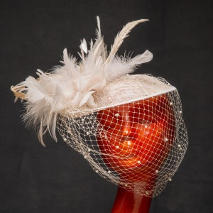 Chelsea, Bridal Hat, Feather Hat, Ivory Hat, Pearl Veil, Ivory Tilt Hat, Tilt Hat,  Wedding Hat, Headband Hat
