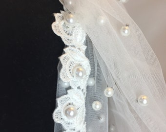 The "Margot", Veil, Bridal Veil,  Pearl Veil, Pearl and Lace Veil, Lace Veil, Pearl Tulle, Lace and Pearls, Wedding Veil, White Veil