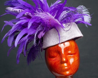 The "Violet Hat"  Feathers, Purple, Hat, Pillbox, Lavender, Violet, Church Hat, Tall