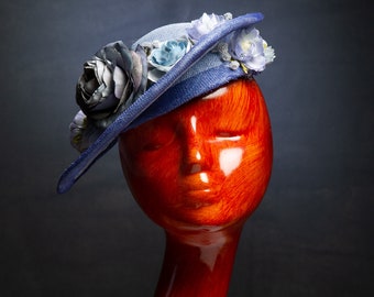 The Linna Hat. Tilt Hat, Small Tilt Hat, Blue Hat, Blue Flowers, Hat, Summer Hat, Easter, Church, Wedding Hat