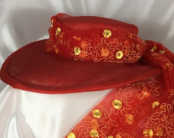Bonita, Hat, Red Hat, Summer Hat, Red Embroidered Scarf , Sinamay Hat,  Scarf Hat, The Bonita Hat,