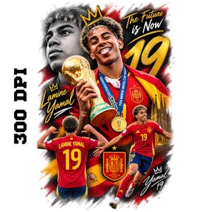 Könnte beinhalten: Ein Grafikdesign mit Lamine Yamal in einem rot-gelben Fußballtrikot, der einen goldenen Pokal hält. Der Text umfasst The Future is Now 19, Lamine Yamal und Yamal 19. Die Komposition enthält mehrere Porträts, einen Fußballspieler in Aktion und das spanische Wappen.