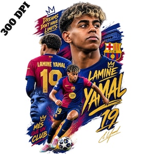 Pode incluir: Um design gráfico apresentando o jogador de futebol Lamine Yamal com o uniforme do FC Barcelona, incluindo o texto "Dreams Don't Have Limits", "Lamine Yamal 19" e "Més que un club". A composição inclui vários retratos, um jogador em ação e o emblema do FCB.