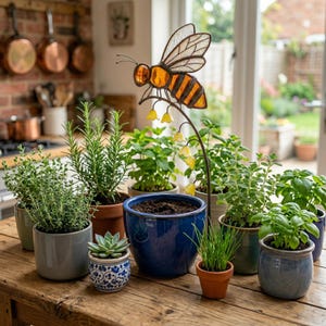 May include: A wooden table displays a collection of potted herbs and succulents. A decorative metal bee sculpture with orange and yellow accents sits among the plants. Various ceramic pots in blue, gray, and terracotta tones.