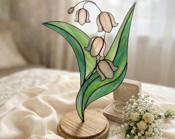 May Birth Flower Stained Glass Art, Lily of the Valley, Hawthorn, Standing Flower Decor