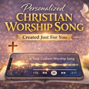 Könnte beinhalten: Ein Bild, das ein personalisiertes christliches Loblied bewirbt. Das Design zeigt ein Smartphone, das eine Schallwelle, ein Kreuz, eine Taube und eine brennende Kerze anzeigt. Der Text enthält "Personalized Christian Worship Song" und "Created Just For You."