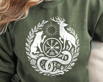 Snake and Stag Linocut PNG SVG, Norse Vegvisir Forest PNG, Mystical Yin Yang Animal Png Svg, Viking Folk Art Graphic Pagan Symbolic Nature