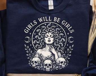 Girls Will Be Girls Medusa SVG PNG, Feministyczny projekt bogini vintage, plik sublimacyjny