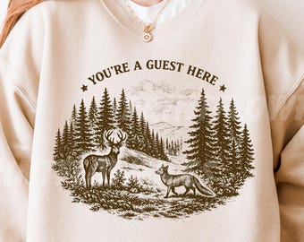 Vintage Respeto Animales Locales Floral SVG PNG, Eres Invitado Zorro Ciervo Mariposas Naturaleza Digital