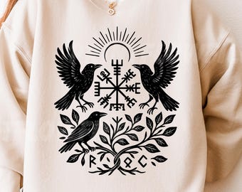 Cuervo Norvay estilo linograbado SVG PNG, Bosque nórdico Vegvísir PNG, Animal místico de Odín SVG, Arte folclórico vikingo pagano gráfico naturaleza simbólica