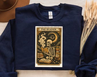 The Skull Reader Tarot Card PNG, Skeleton Reading Sublimation Design, Booktrovert Skull Tarot T-shirt, Book Lover Mug PNG File