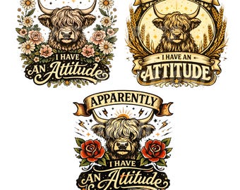 Apparently I Have an Attitude Retro PNG Bundle, Funny Highland Cow Sassy Animal  Shirt Design