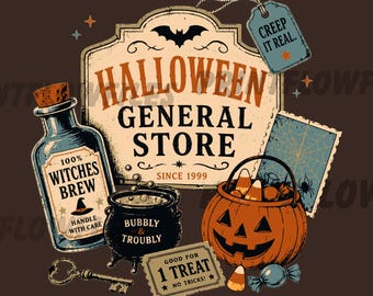 Halloween-Laden SVG PNG, Vintage-Gruselladen-Hexen-Herbstgrafik