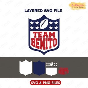 May include: A layered SVG file design showing a shield with a football and stars, and the text "TEAM BENITO" in red. Additional SVG and PNG file options are displayed below the main design.