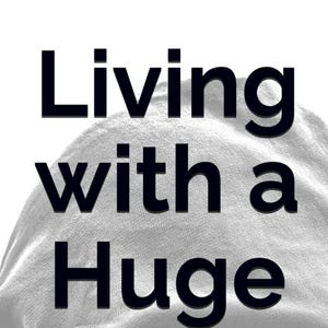 May include: Black and white image of a person wearing a hooded sweatshirt. The text on the image reads "Living with a Huge Penis" above "A Burden I Carry Daily" and "Hugh G. Rection".