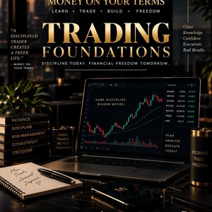 May include: A laptop displaying a financial trading chart with the text "My Money On Your Terms Trading Foundations." The scene includes a notebook with handwritten notes, a pen, and black containers labelled with words like "Patience" and "Discipline."
