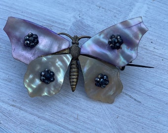 Antique mother of pearl steel cut butterfly brooch