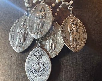 Antique French Medal on mother of pearl rosary chain