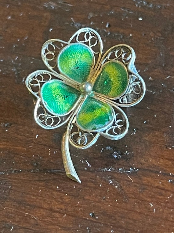 Antique 800 sterling enamel clover pin