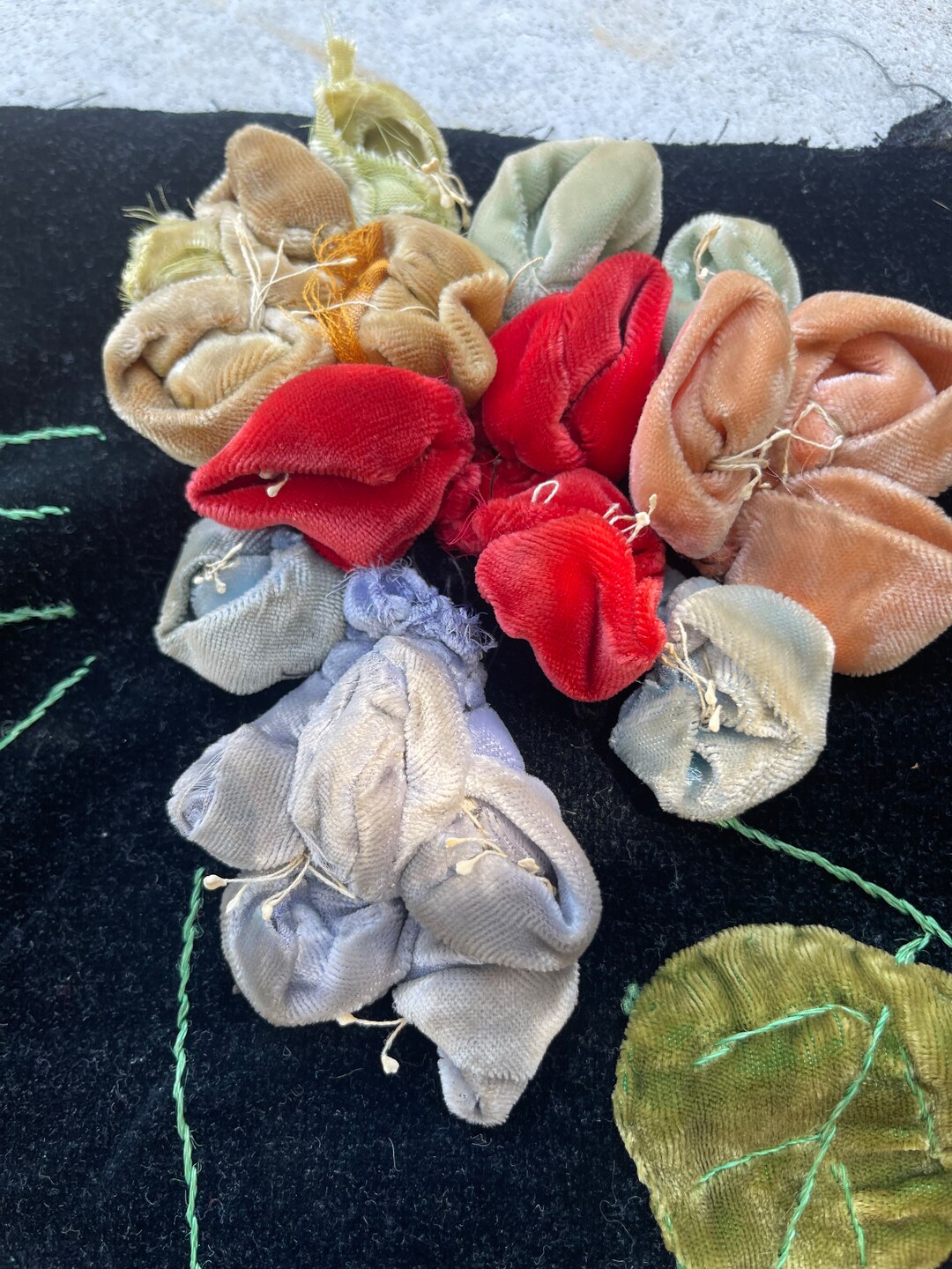 Antique Velvet Ribbon Flower Pillow Cover 1900s Etsy