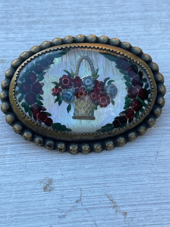 Vintage reverse painted glass brooch