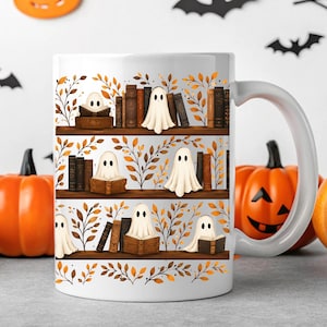 Halloween Ghost Reading Books Ceramic Mug, Fall Autumn Coffee Cup