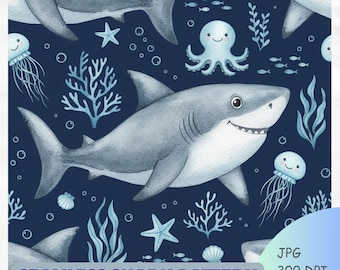 Padrão sem costura de tubarão | Papel digital infantil com tema de vida marinha (Download digital)