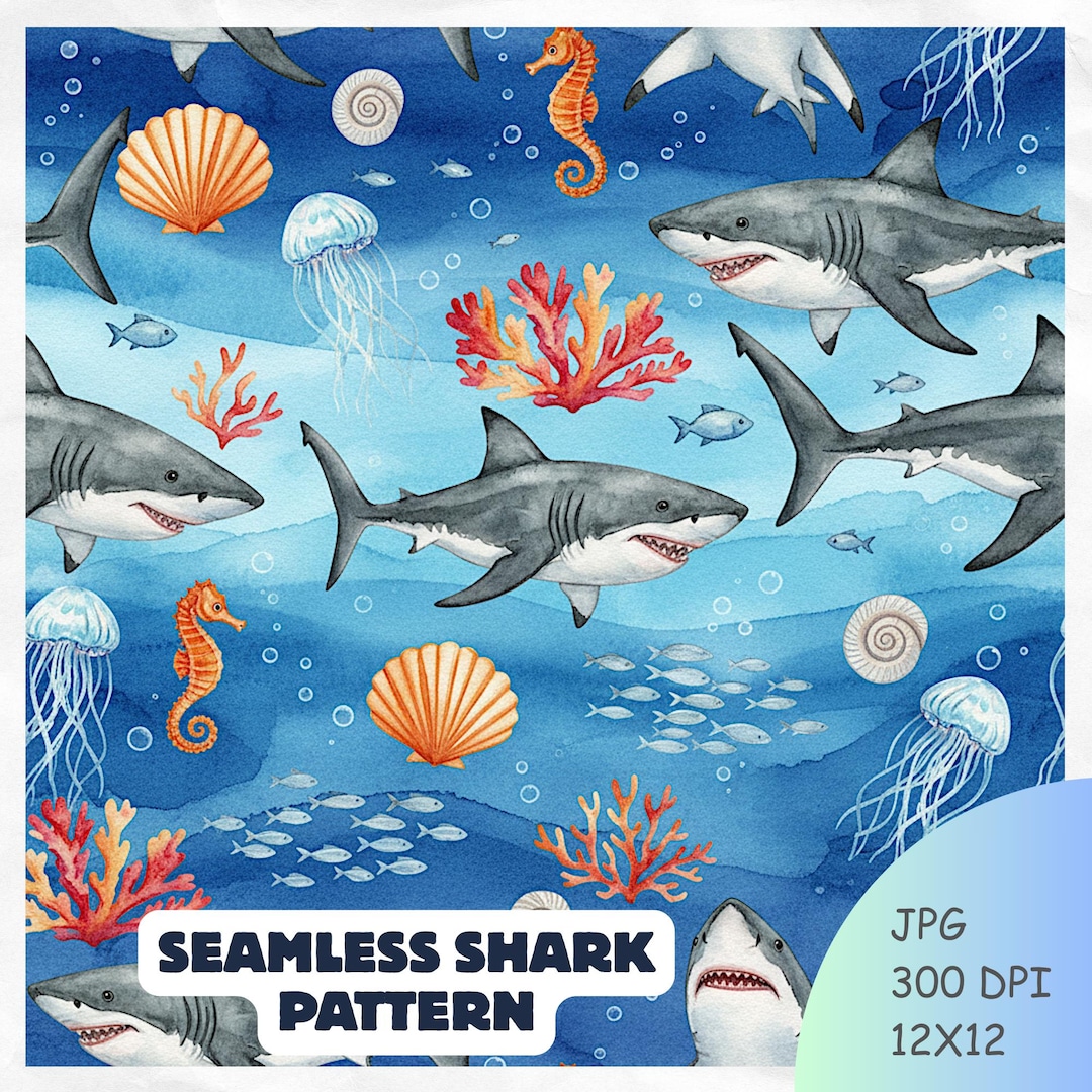 Seamless Shark & Marine Life Pattern | Kids Digital Paper (digital ...