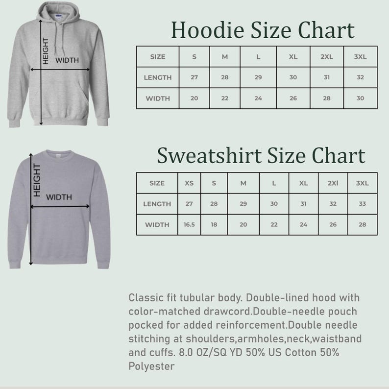 Op de afbeelding: Een grijze hoodie en een grijze sweater weergegeven met maattabellen. De tabellen tonen lengte- en breedtematen in inches voor de maten S tot 3XL en XS tot 3XL. De tekst vermeldt 8.0 oz/sq yd 50% US katoen en 50% polyester.
