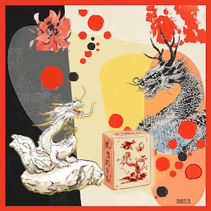 May include: A square scarf featuring a graphic design with two dragons, a rectangular box with red ink illustrations, a red floral motif, and scattered red and black circles against a background of black, cream, and orange shapes with a red border.