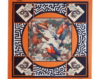 May include: Square orange scarf with a detailed bird and floral design. The center features a circular arrangement of colorful birds. The corners have dragon motifs and the text "DOHA". The border has a geometric pattern.