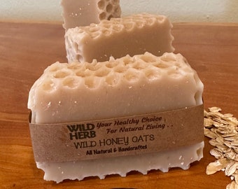 ORGANIC NATURAL SOAP: Wild Honey Oats, Unscented | Mango Butter in Bar + Gentle Exfoliation | Creamy Rich Lather | Honeycomb Trim |Raw Honey