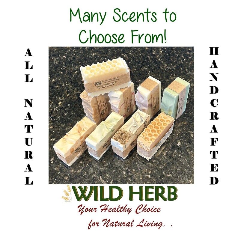 May include: An assortment of handcrafted soap bars in various colors and textures, some with honeycomb patterns. The image includes text that reads "Many Scents to Choose From!" and "All Natural". The brand name "WILD HERB" is also visible.