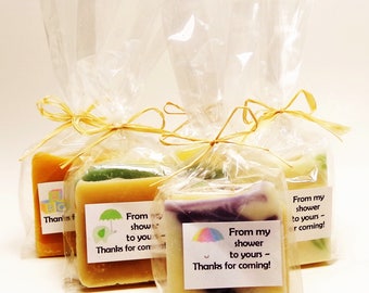FREE SHIP: Baby Shower Favors (Sets of 5 & more) Natural Soap in Clear Sack, Adorable Clip Art + Raffia Tie